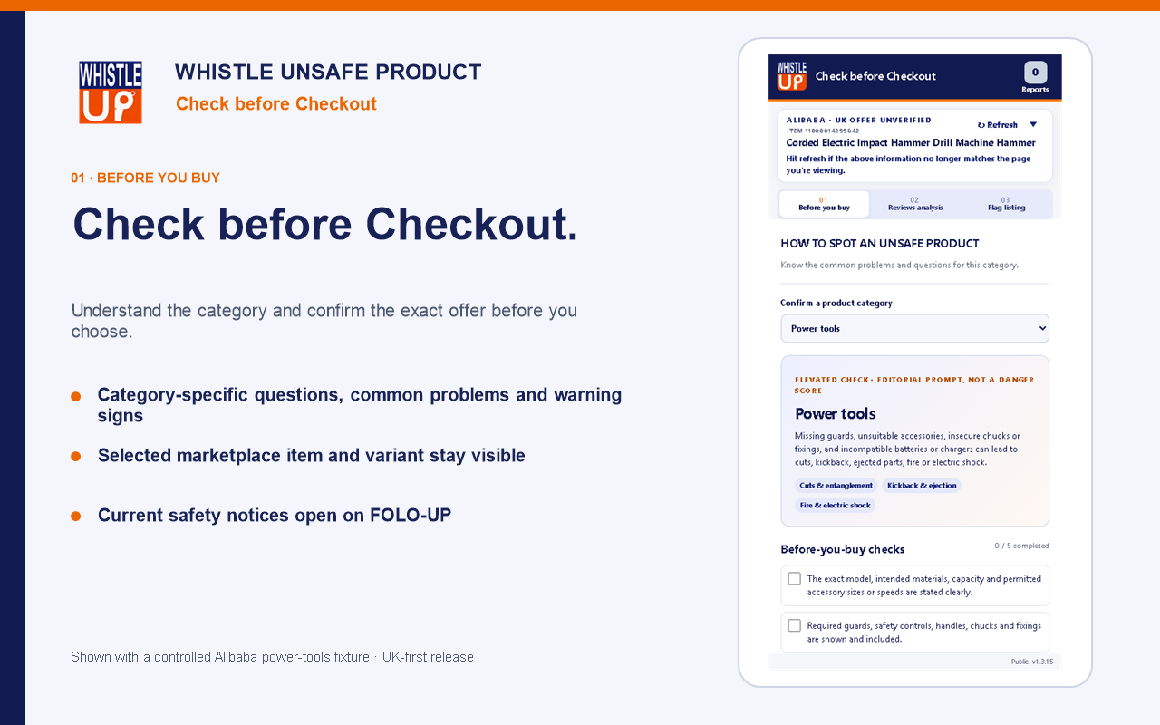 Official Whistle Store screenshot: before-you-buy checks beside a controlled example marketplace listing.