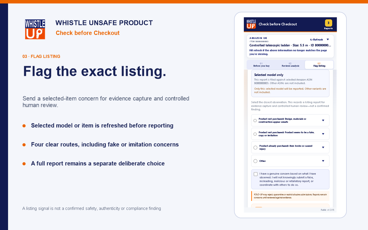 Official Whistle Store screenshot: submit a concern about the selected listing for evidence capture and controlled human review.