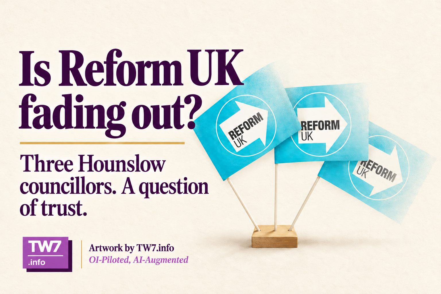 Three turquoise Reform UK flags on one wooden stand fade into cream beside the question ‘Is Reform UK fading out?’ and the subtitle ‘Three Hounslow councillors. A question of trust.’ TW7.info artwork and OI-Piloted, AI-Augmented credits appear below.