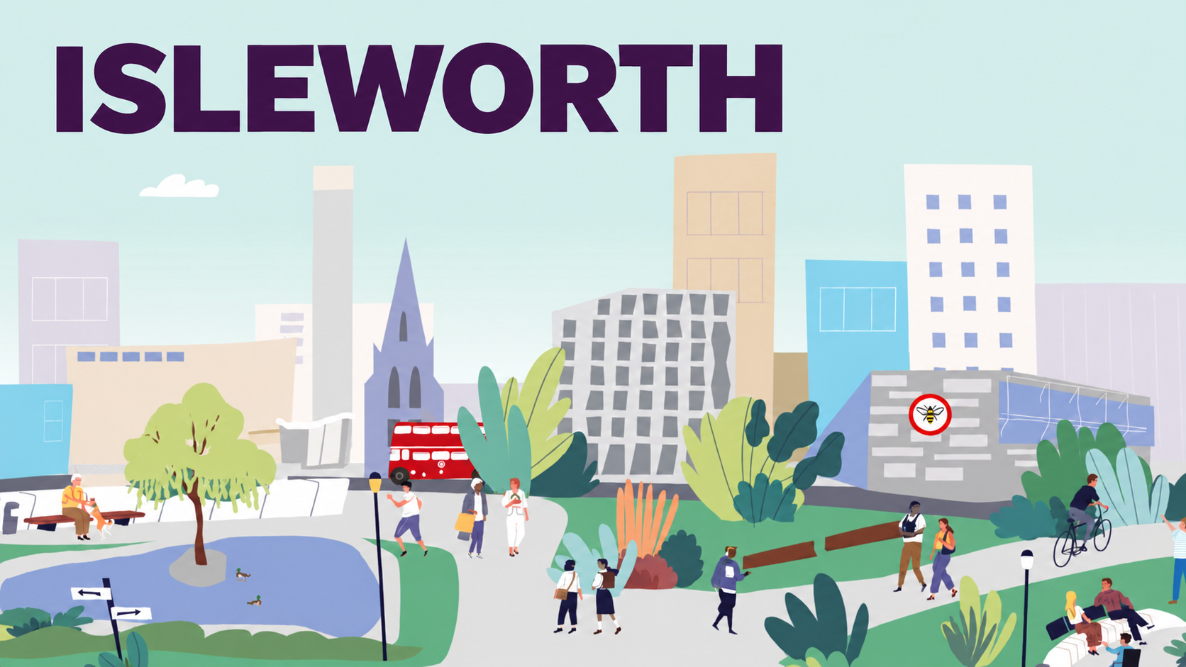 ISLEWORTH above an illustration of community buildings, a library, green spaces, walkers and cyclists.