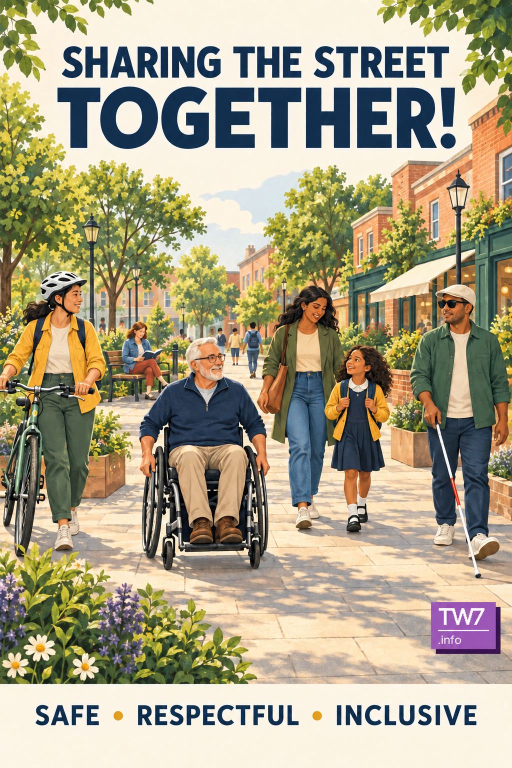 Sharing the street together! Safe, respectful, inclusive. Pedestrians, a cyclist and a wheelchair user share a street.
